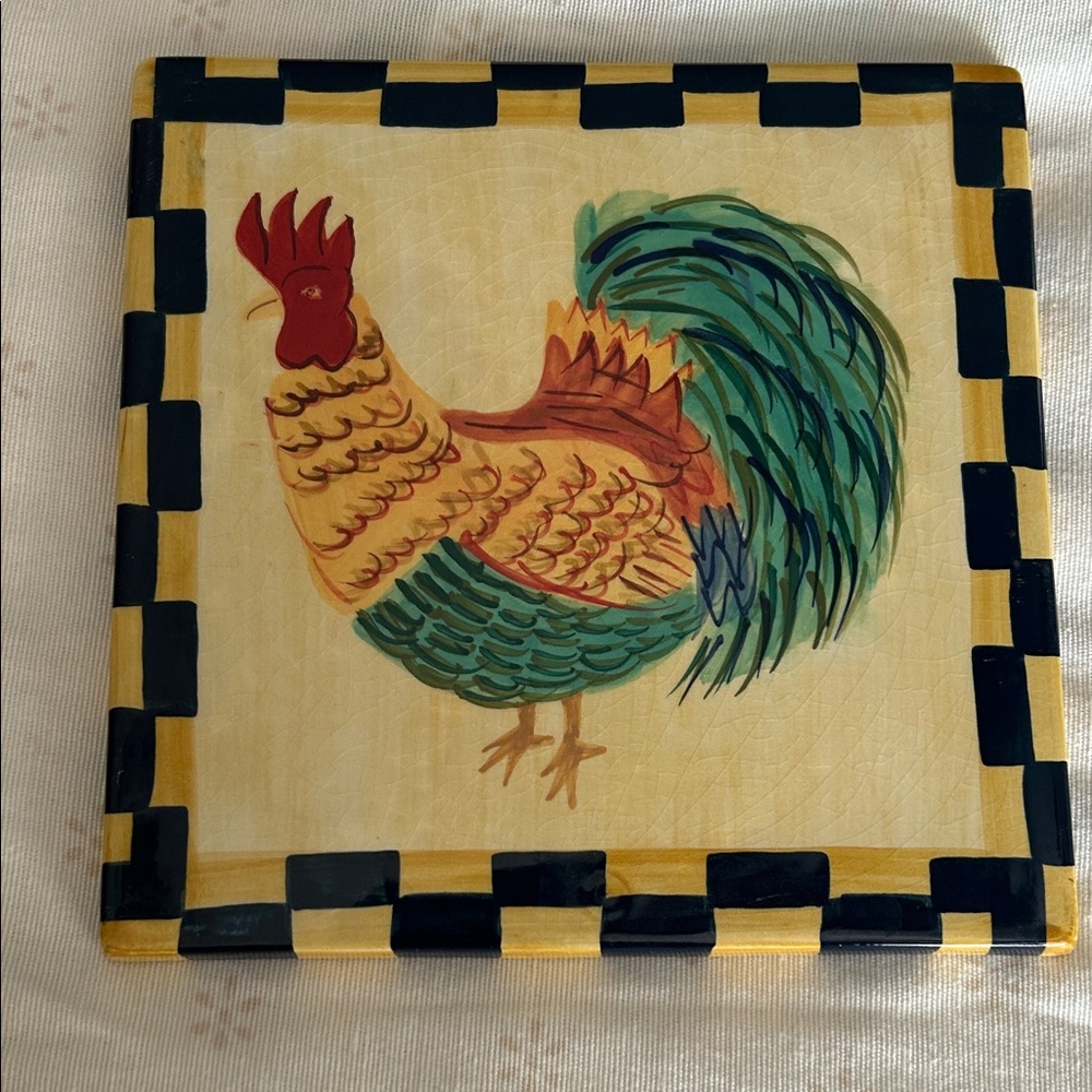 Hand-Painted Rooster Tile Art in Yellow, Green & Black